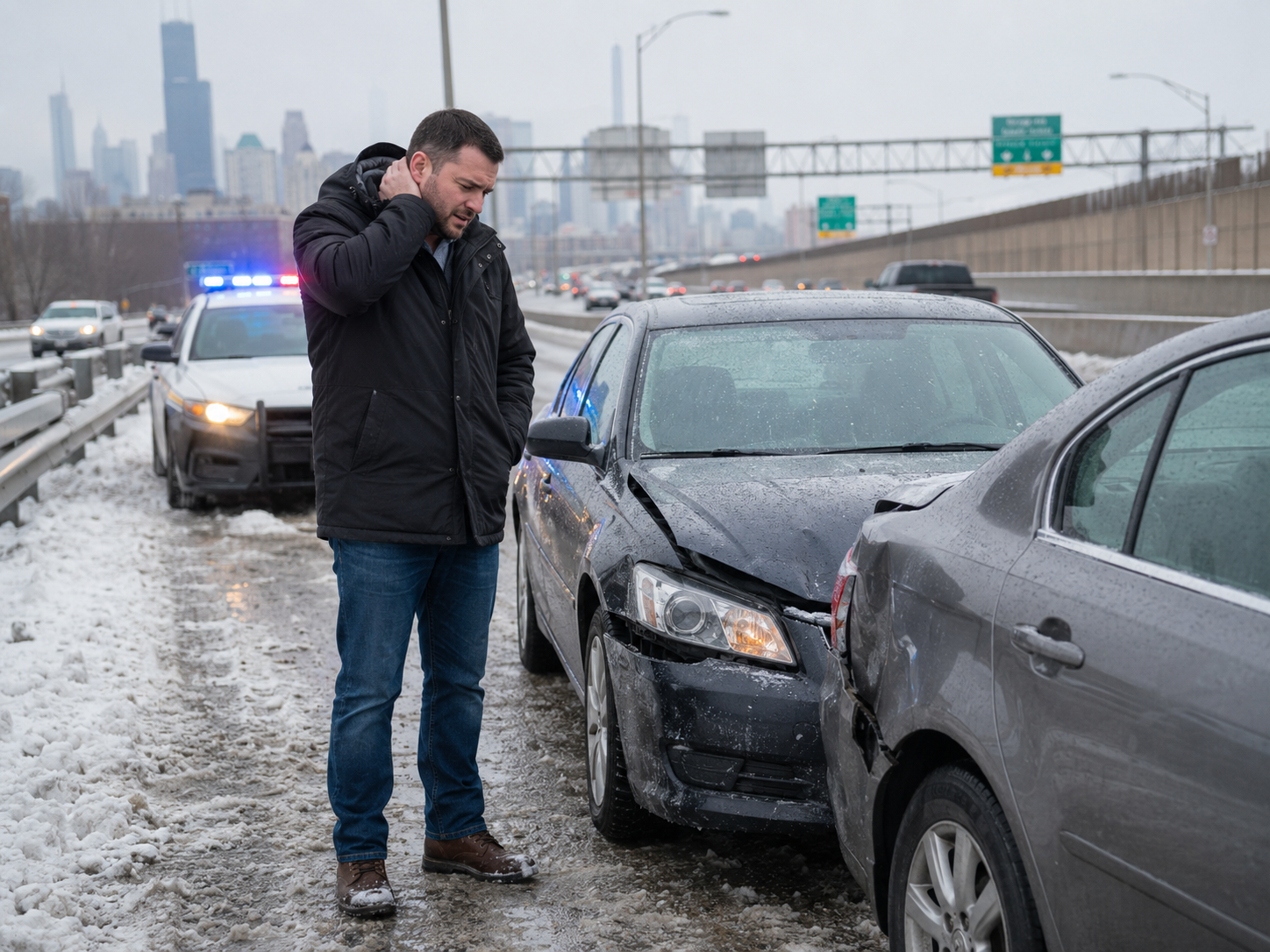  A worried driver standing beside a fender-bender on a snowy Chicago expressway, rubbing their neck, with emergency lights in the background.