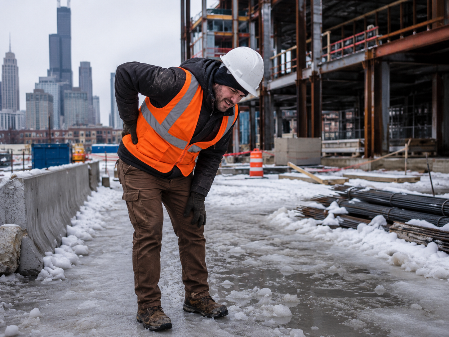 A construction worker holding his lower back at a snowy Chicago job site after a slip-and-fall injury