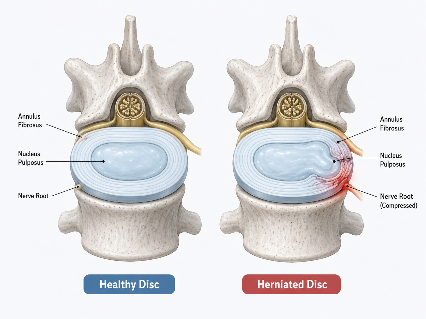 Close-up cross-section diagram of a healthy spinal disc versus a herniated disc, with the nucleus pushing against a nerve root highlighted in red.