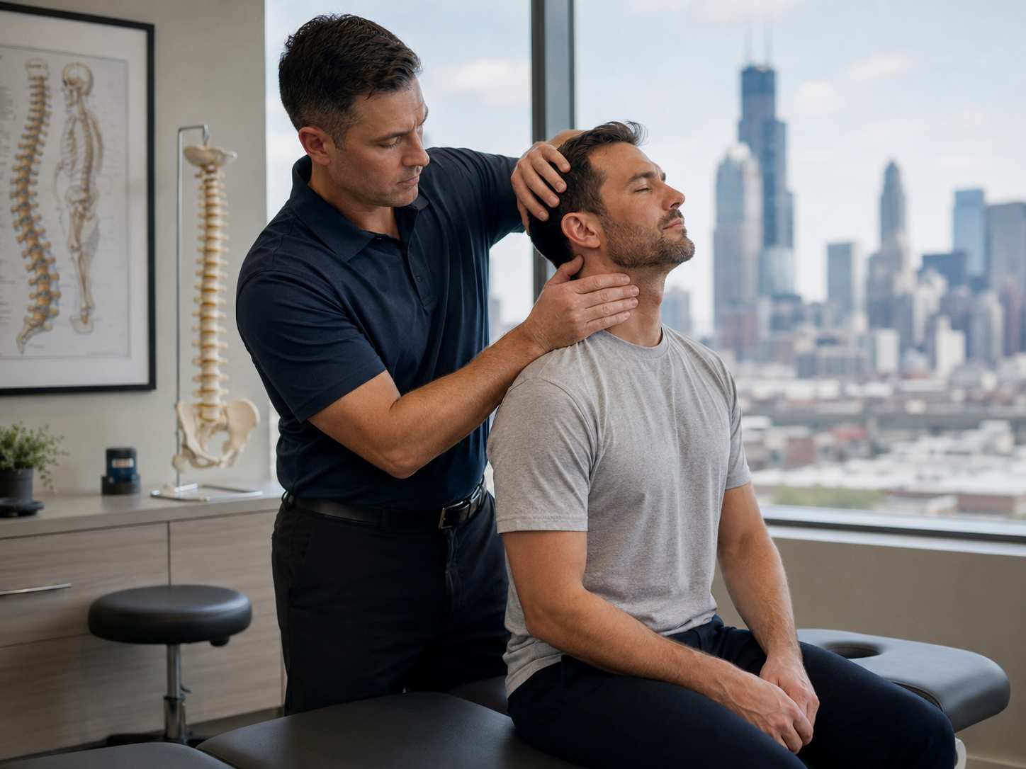 A chiropractor examining a patient's cervical spine on an exam table in a clean, modern Chicago clinic.