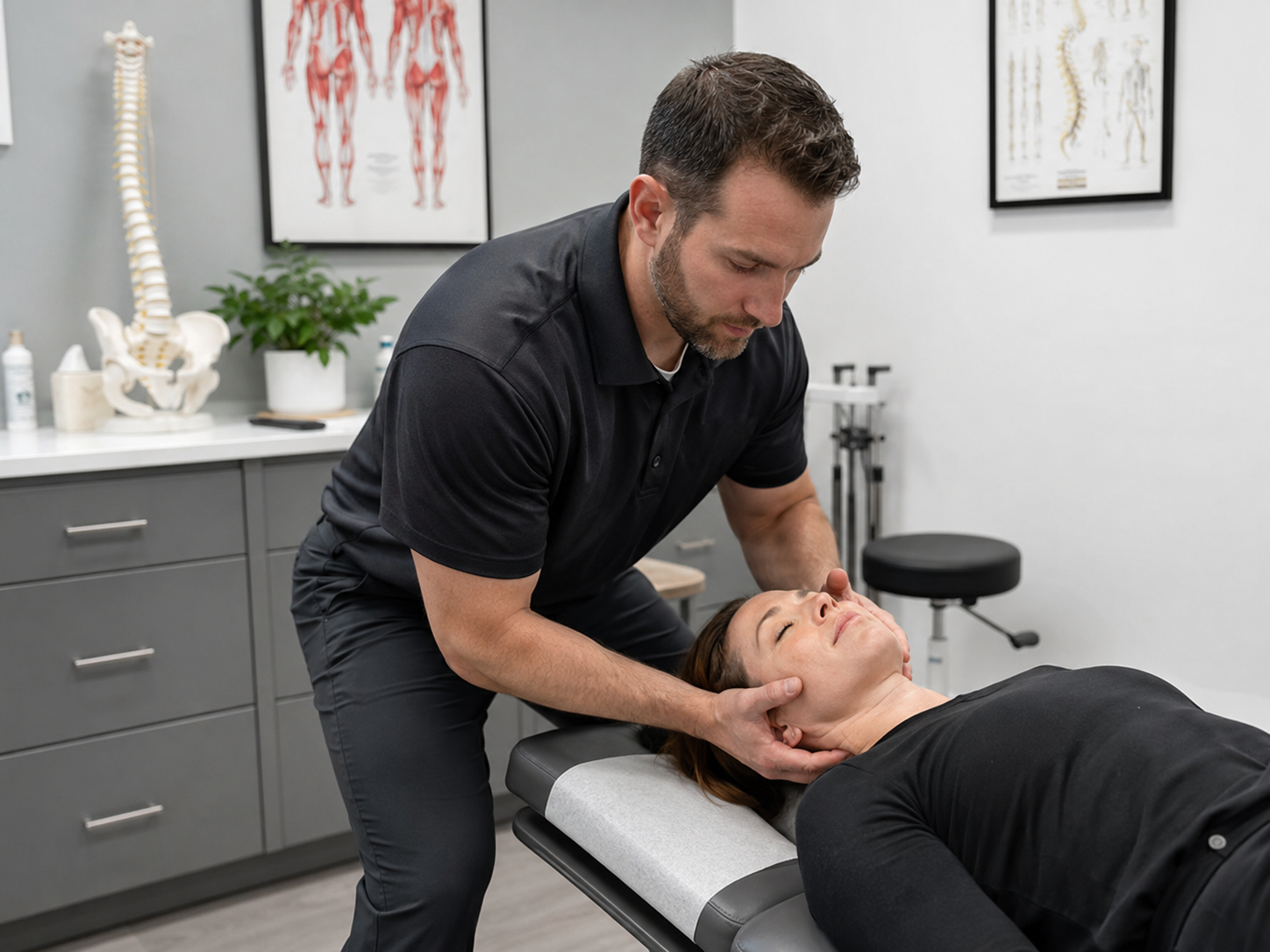 A chiropractor performing a gentle cervical adjustment on a patient lying on a treatment table