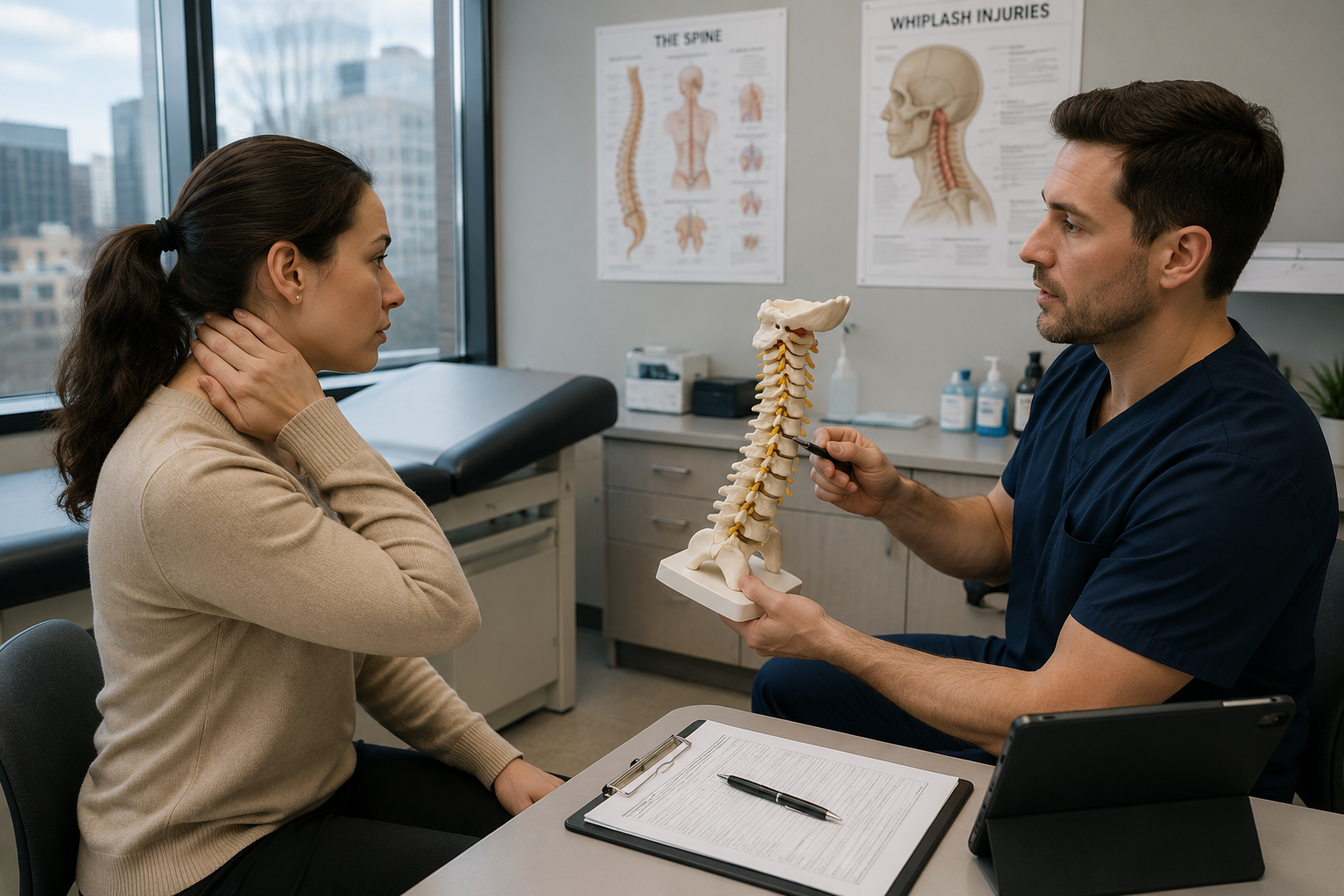 A patient consulting with a clinician about neck pain after a car accident, reviewing a spine model in a Chicago clinic exam room
