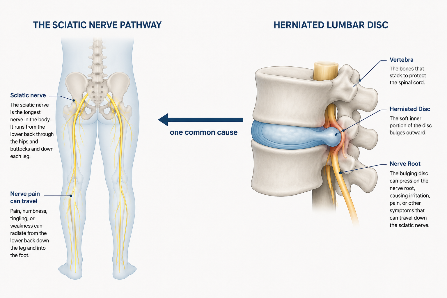 Side-by-side anatomical illustration showing the sciatic nerve pathway on the left and a cross-section of a herniated lumbar disc on the right, with a connecting arrow labeled "one common cause
