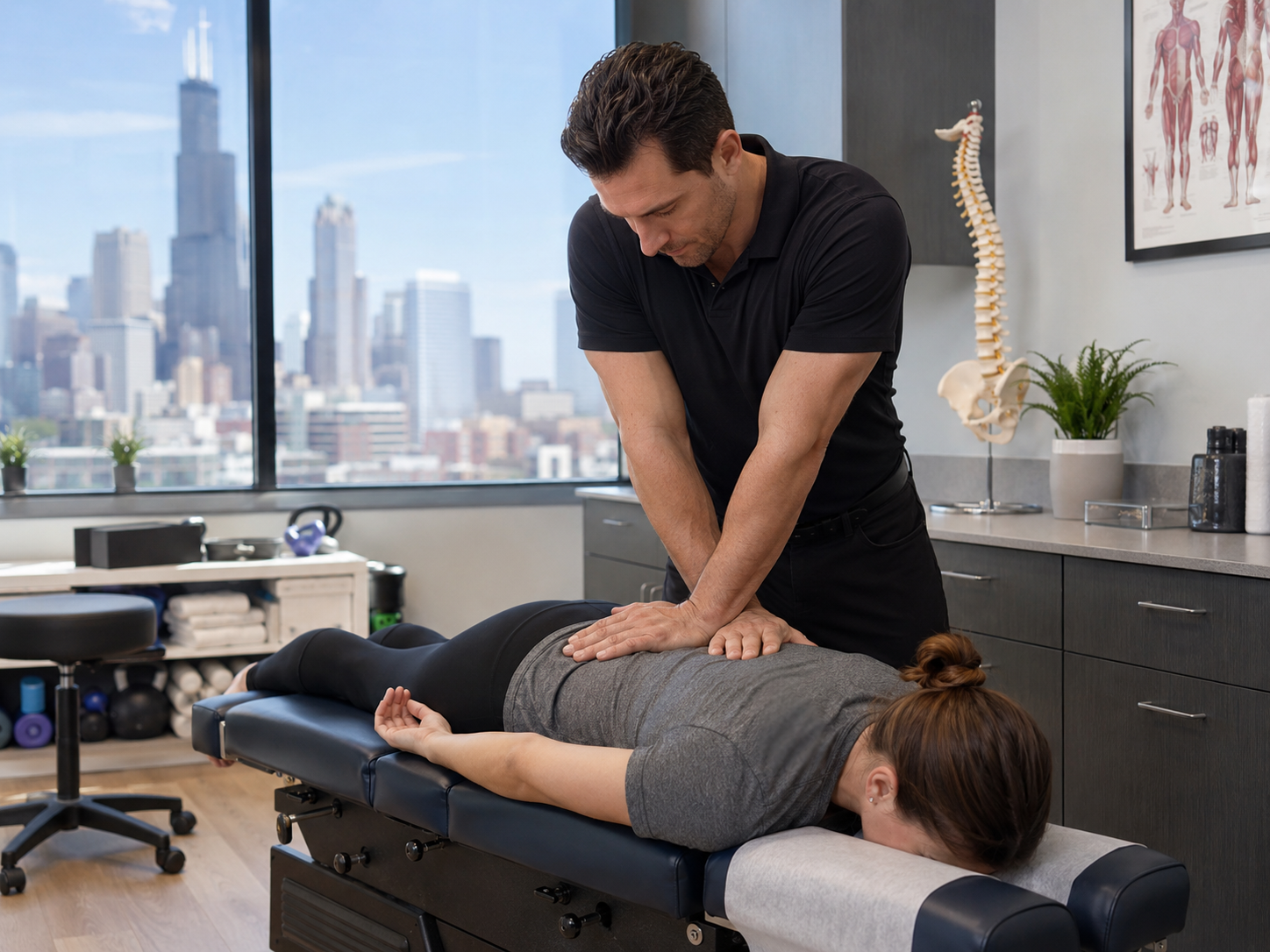 A chiropractor performing a spinal adjustment on a patient in a modern Chicago clinic, with the city skyline visible through the window