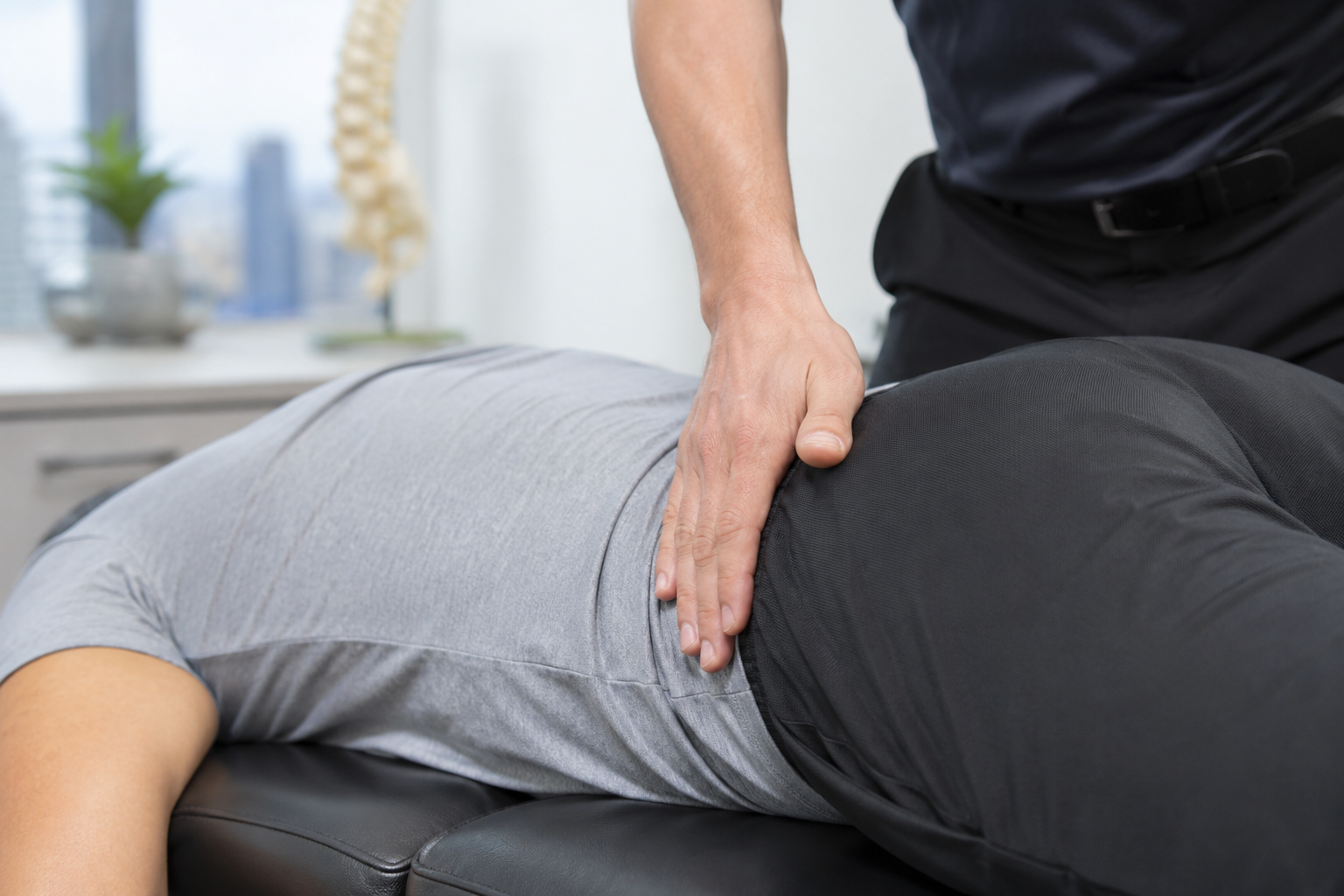 Close-up of a chiropractor's hands gently adjusting a patient's lower back during a same-day treatment session
