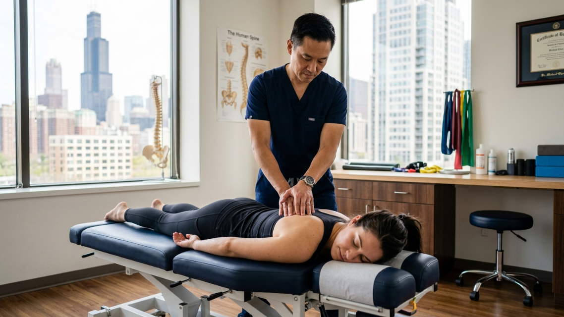 Chiropractor in Chicago performing a back adjustment on a patient lying on a treatment table