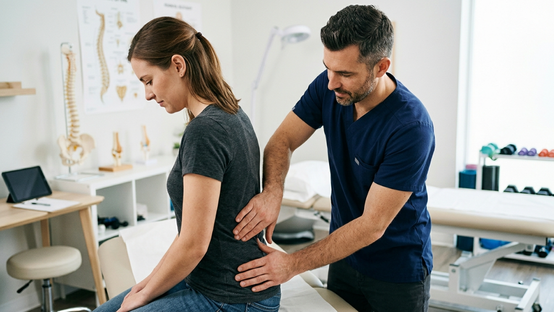 Close-up of a chiropractor examining a patient's lower spine and lower back area