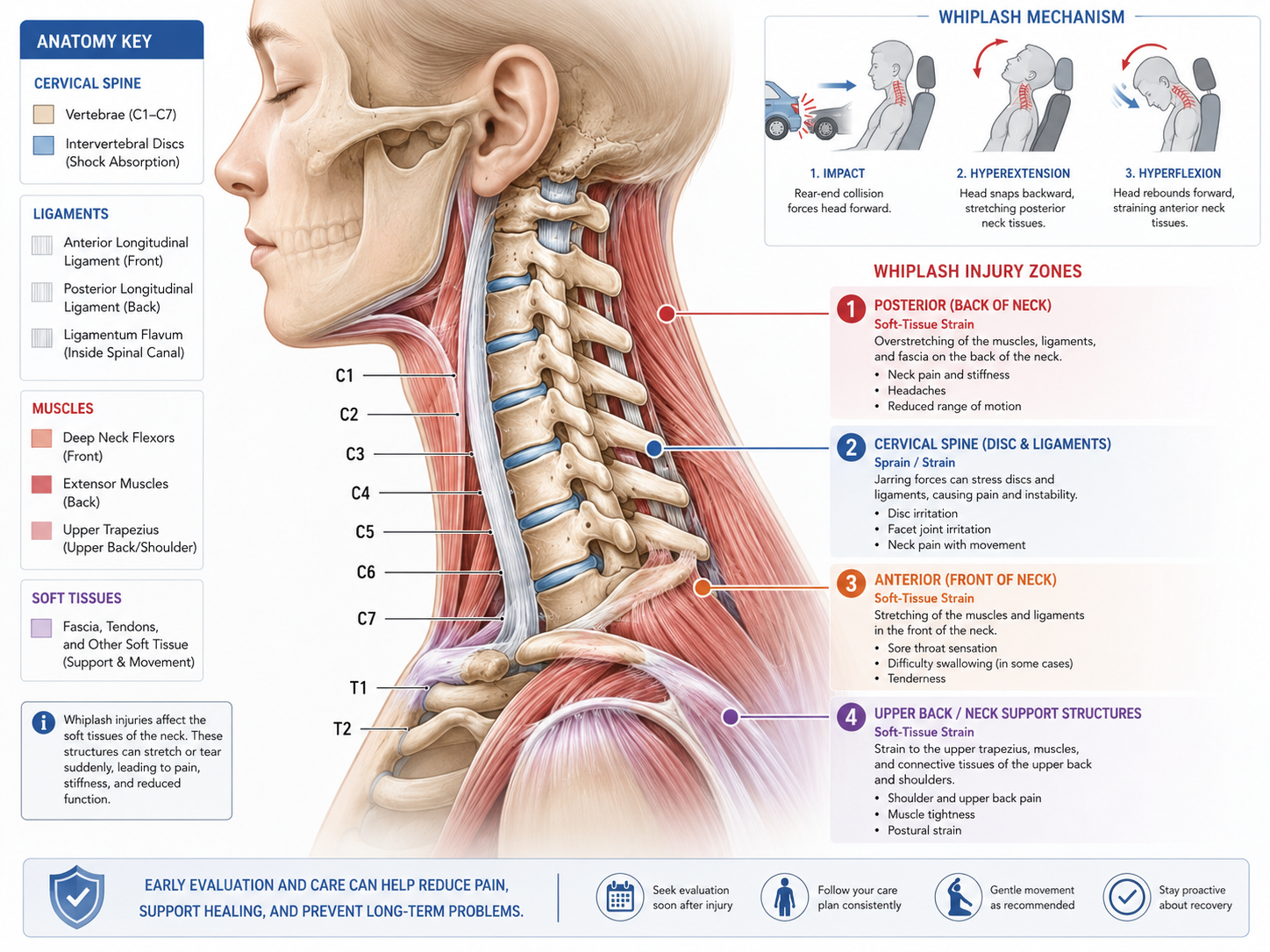Close-up of a spine and neck diagram highlighting common whiplash and soft-tissue injury points after a rear-end collision