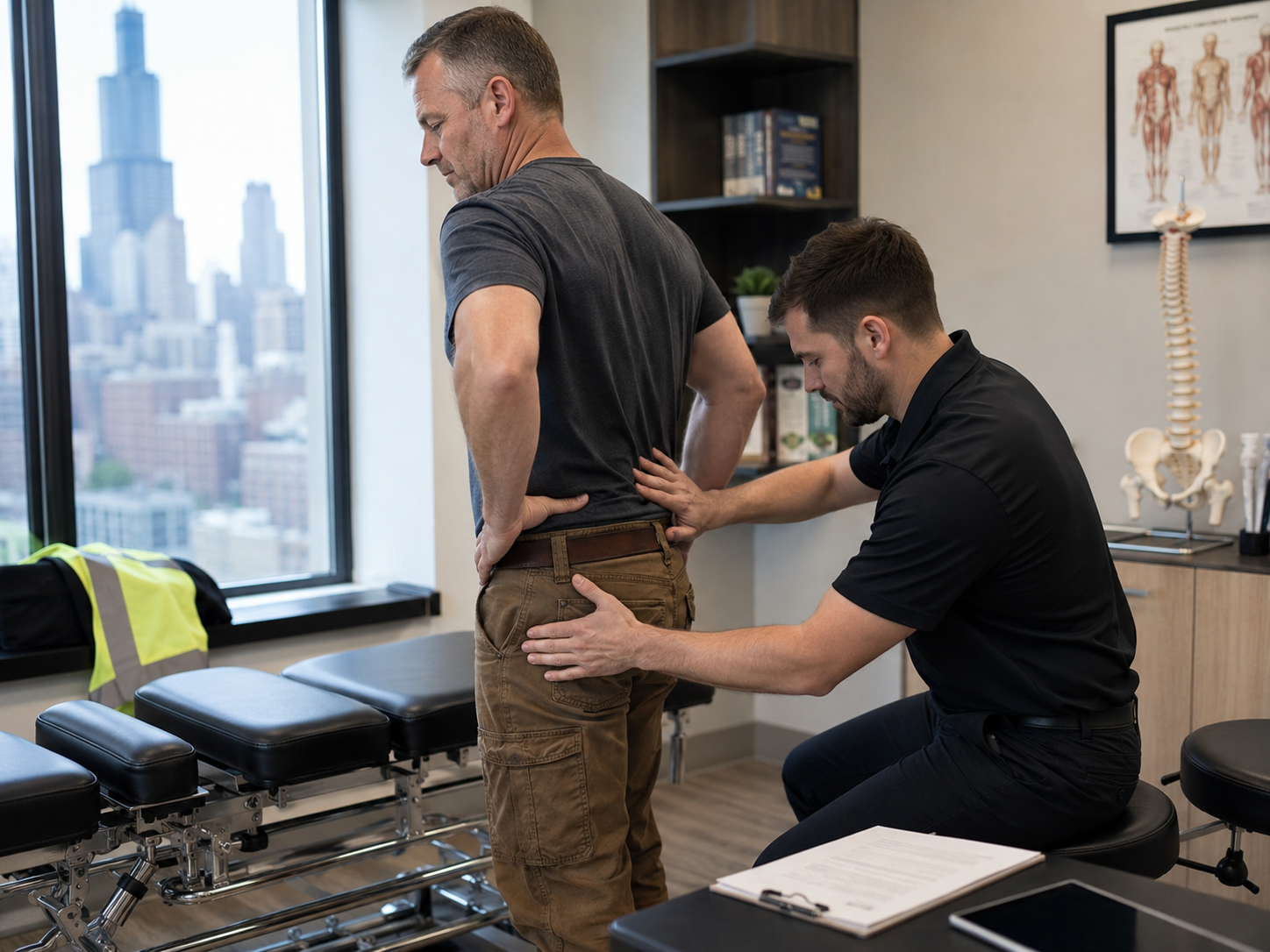 image showing a warehouse worker holding their lower back after a lifting injury on a Chicago job site