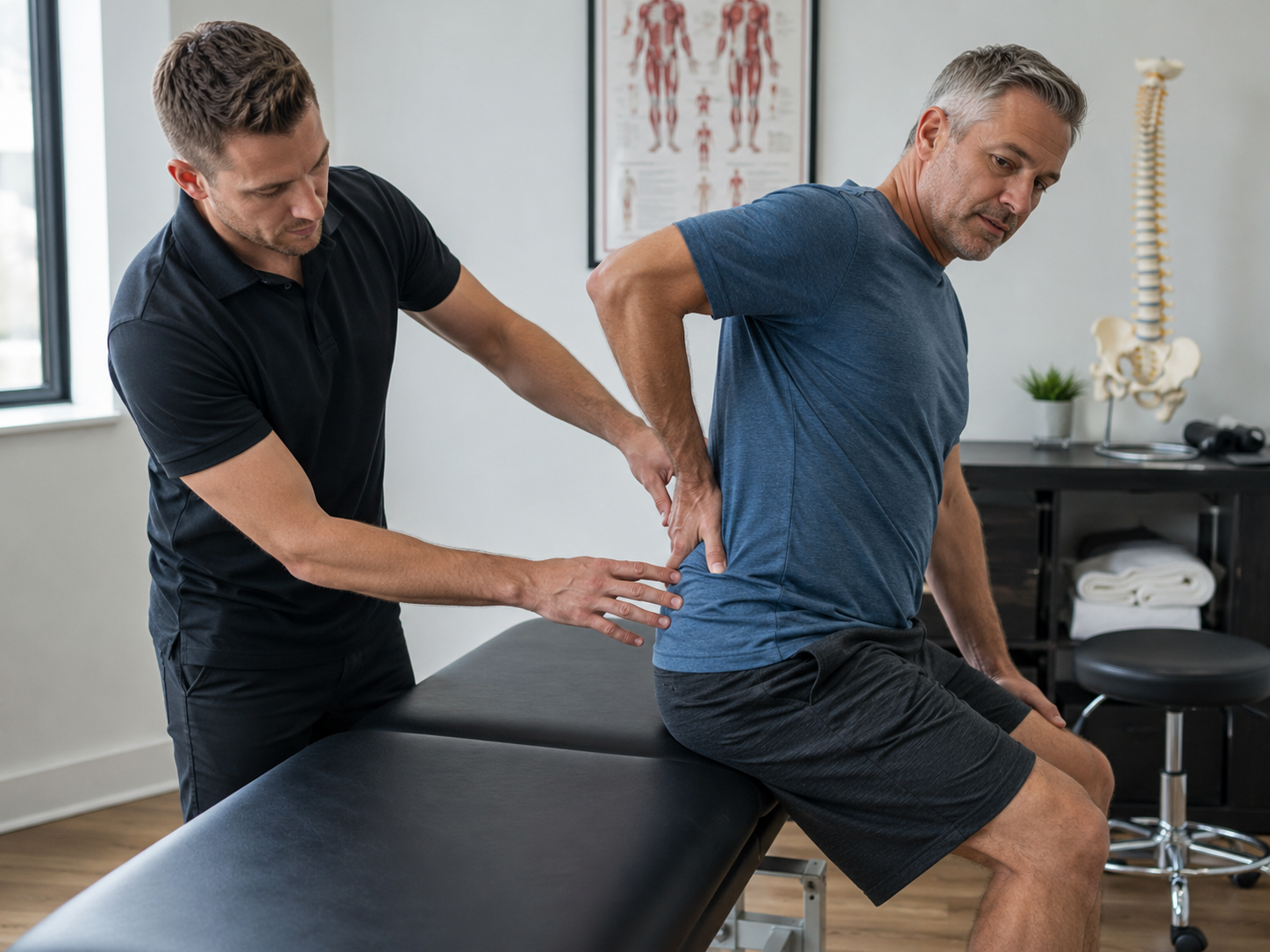 Chiropractor performing a gentle lower-back assessment on a patient experiencing sciatica leg pain in a bright clinical setting