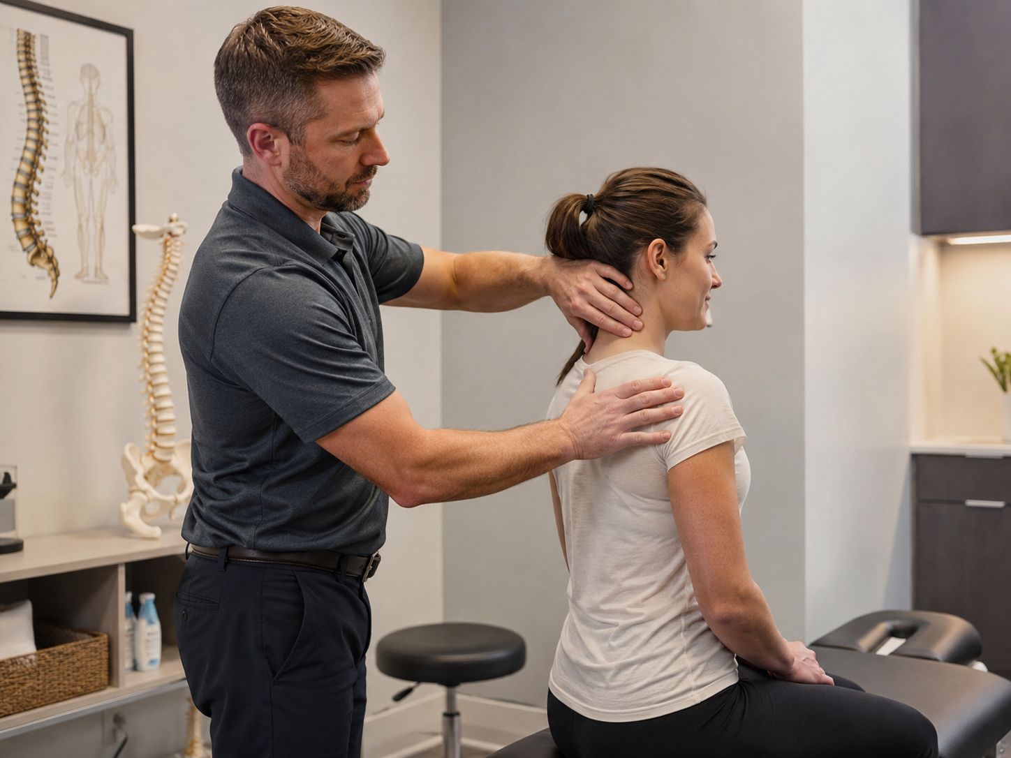 Post-accident recovery chiropractor Aurora IL examining a patient's neck after a car crash