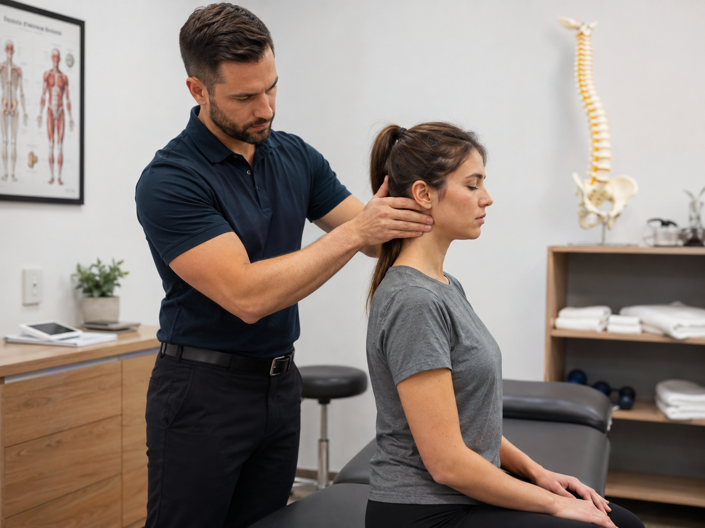 Chiropractor examining a car accident patient's neck and upper back in a clinical treatment room