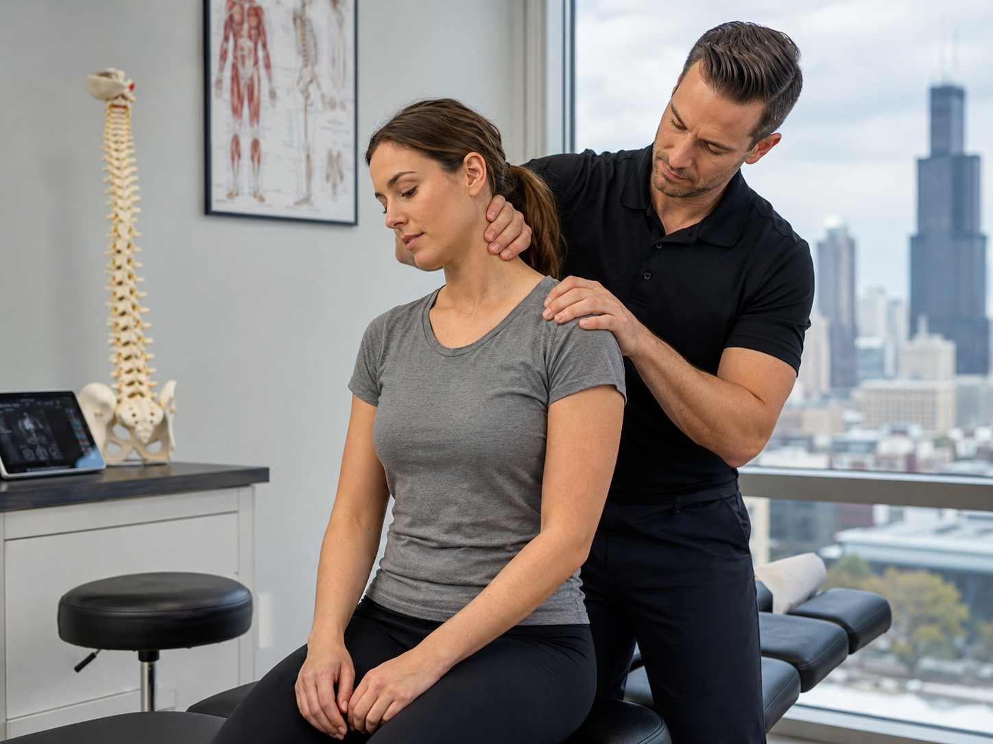 A chiropractor in Chicago examining a patient's neck and upper back after a car accident, in a clean, professional clinic setting.