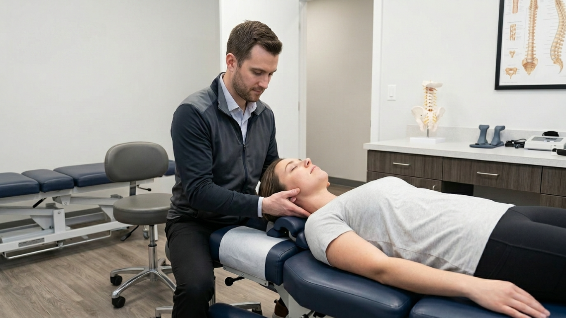 Chiropractor performing a cervical spine adjustment on a patient at Grandview Health Partners in Chicago