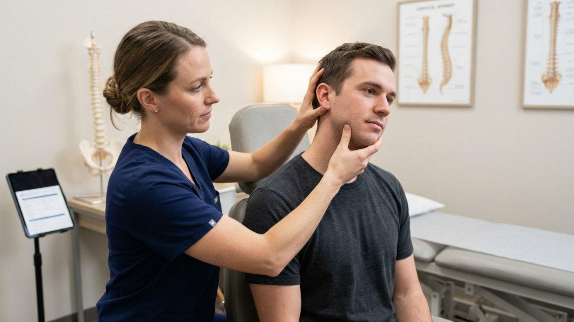 Close-up of a chiropractor examining a patient's neck and cervical spine range of motion