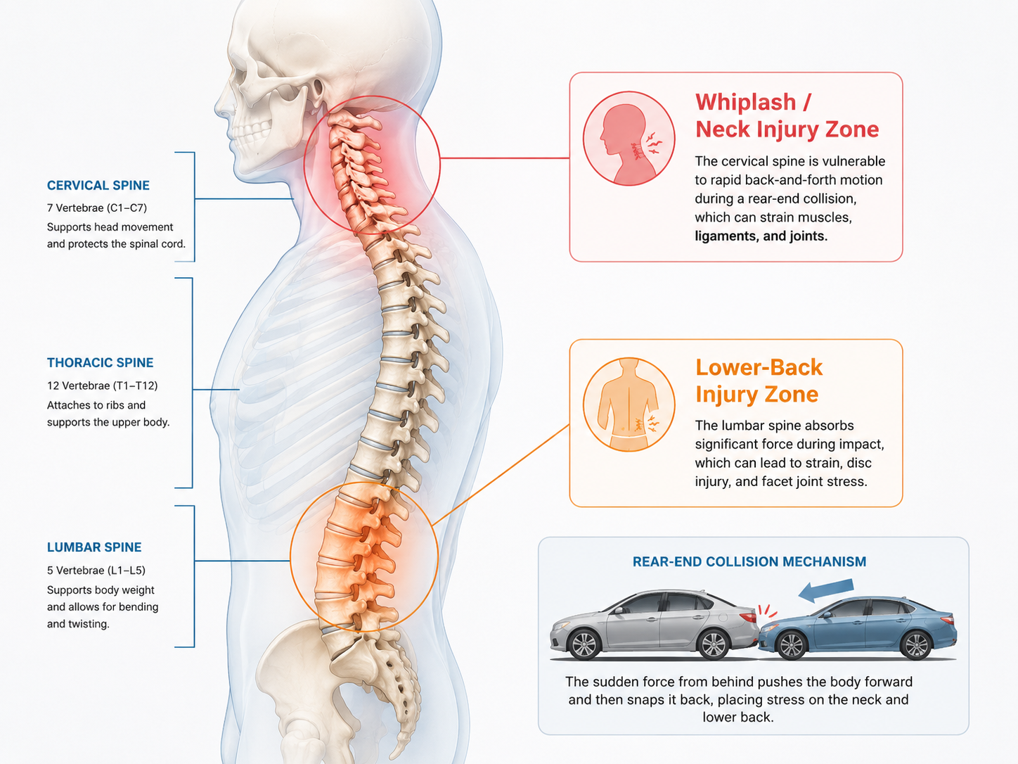 A diagram of the spine highlighting whiplash and lower-back injury zones commonly affected in rear-end car collisions.