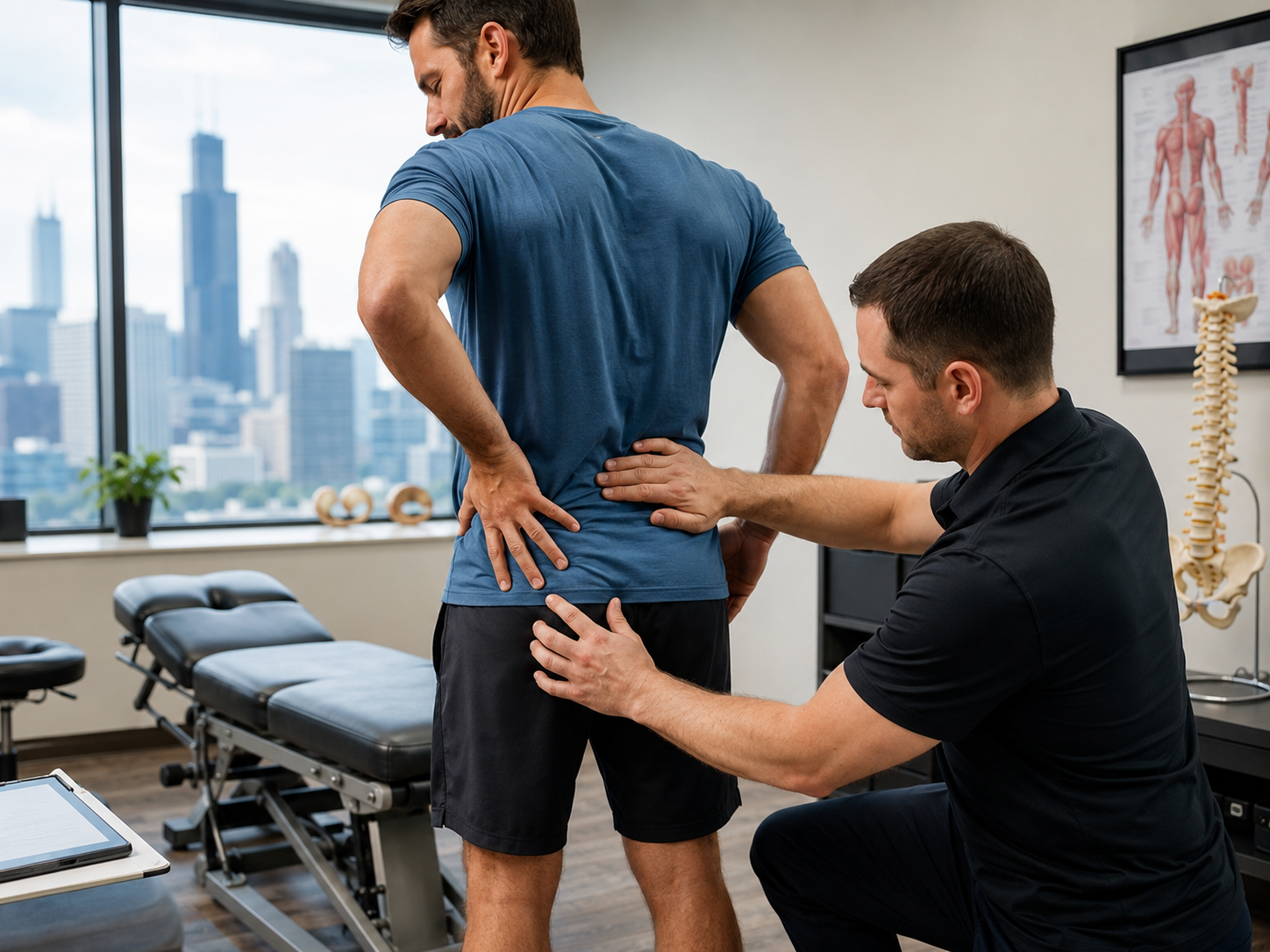 A Chicago chiropractor examining a patient's lower back and hip area during a sciatica evaluation
