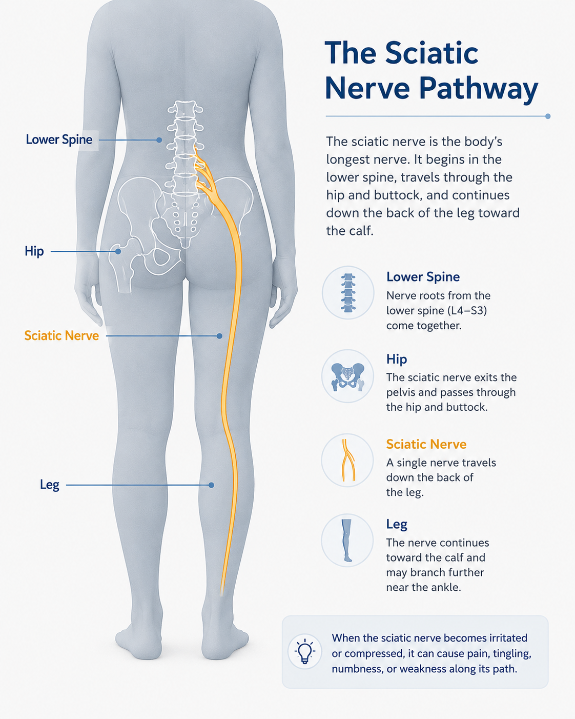 A simple anatomical illustration showing the sciatic nerve path from the lower spine down through the hip and leg