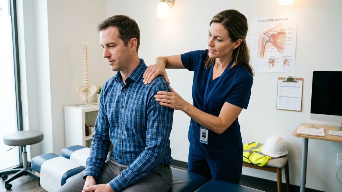image showing a chiropractor examining a patient's back and shoulder after a workplace injury