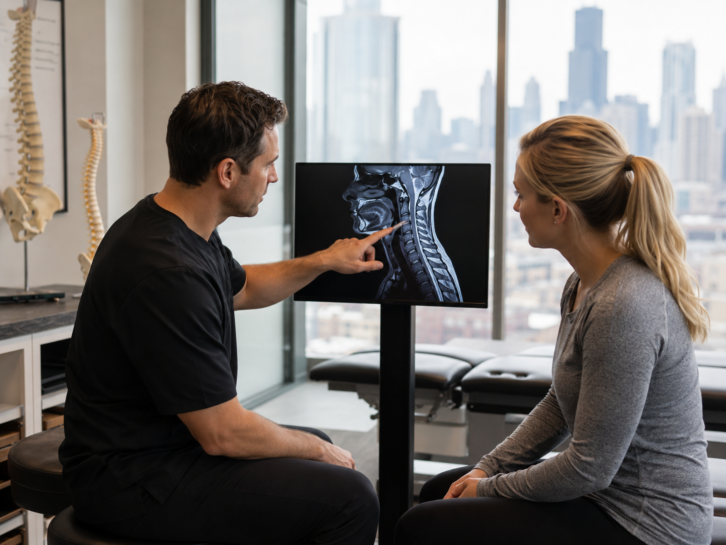 chiropractor reviewing cervical spine imaging with a patient in a Chicago clinic