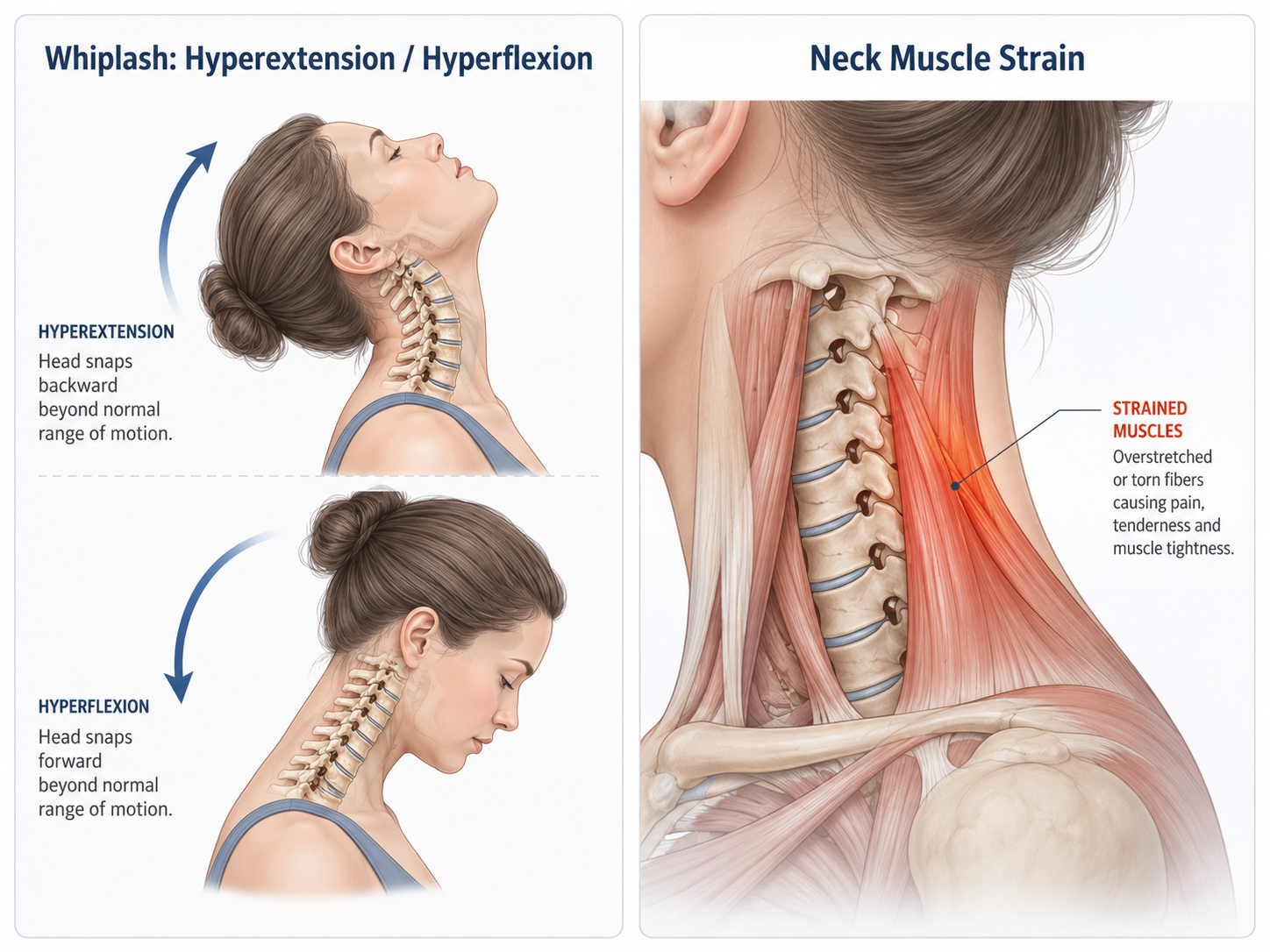 Side-by-side anatomical illustration showing whiplash hyperextension/hyperflexion of the cervical spine next to a localized muscle strain in the neck