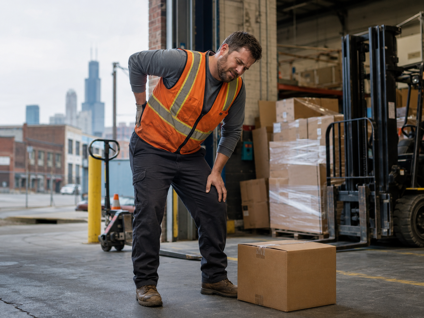 image showing a warehouse worker holding their lower back after a lifting injury on a Chicago job site
